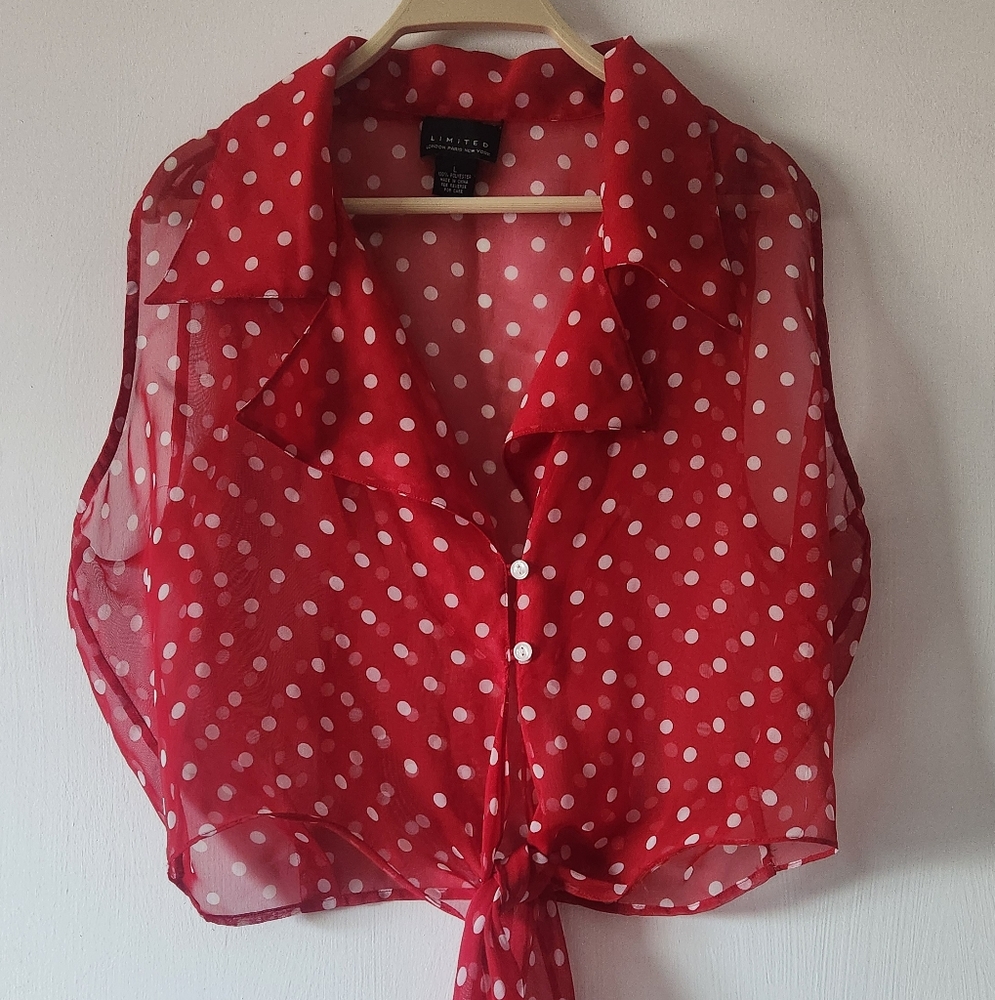 Red Chiffon Sleeveless Blouse with White Polka Dots - Size Med. Tie in the Front - Picture 4 of 13
